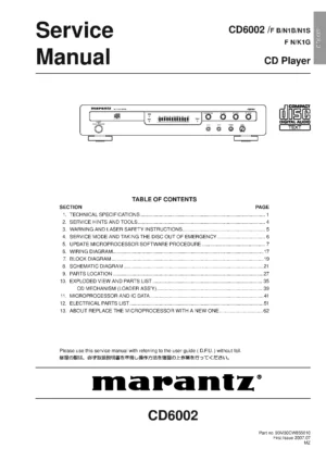 Marantz cd6002 service manual cover with a photograph of this device, model type and code, manual contents and modification notice.