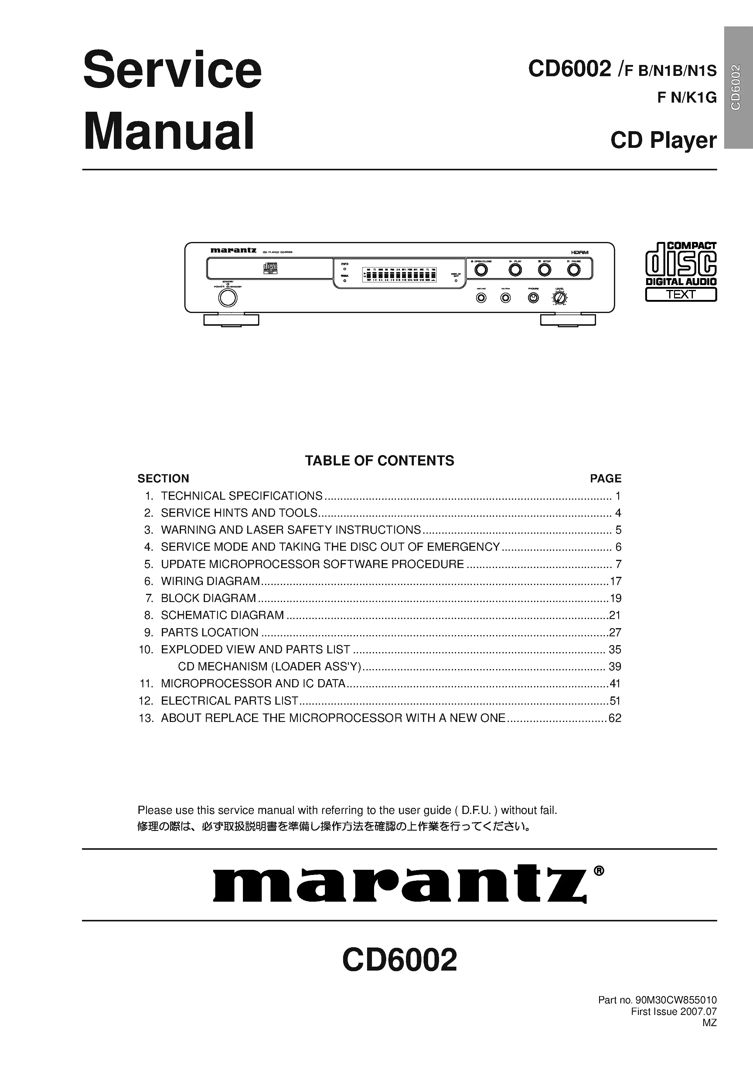 Marantz cd6002 service manual cover with a photograph of this device, model type and code, manual contents and modification notice.