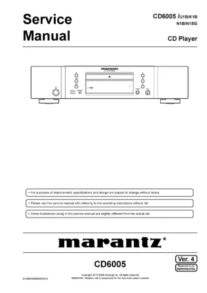 Marantz cd6005 service manual cover with a photograph of this device, model type and code, manual contents and modification notice.