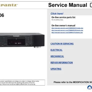 Marantz cd6006 service manual cover with a photograph of this device, model type and code, manual contents and modification notice.