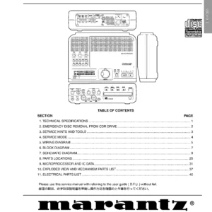 Marantz cdr300 service manual cover with a photograph of this device, model type and code, manual contents and modification notice.