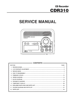 Marantz cdr310 service manual cover with a photograph of this device, model type and code, manual contents and modification notice.