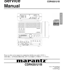 Marantz cdr420 service manual cover with a photograph of this device, model type and code, manual contents and modification notice.