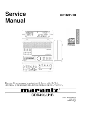 Marantz cdr420 service manual cover with a photograph of this device, model type and code, manual contents and modification notice.