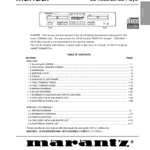 Marantz cdr500 service manual cover with a photograph of this device, model type and code, manual contents and modification notice.