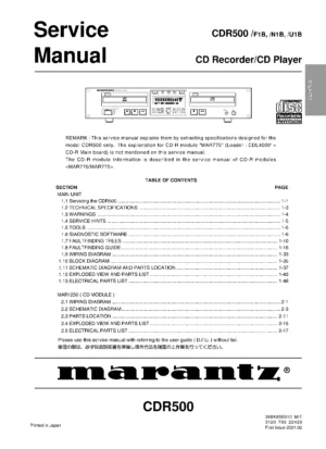 Marantz cdr500 service manual cover with a photograph of this device, model type and code, manual contents and modification notice.
