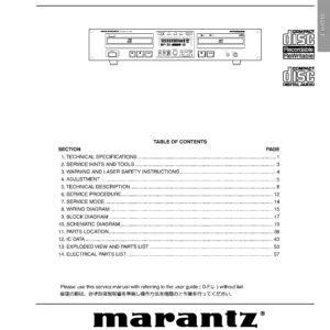 Marantz cdr510 service manual cover with a photograph of this device, model type and code, manual contents and modification notice.