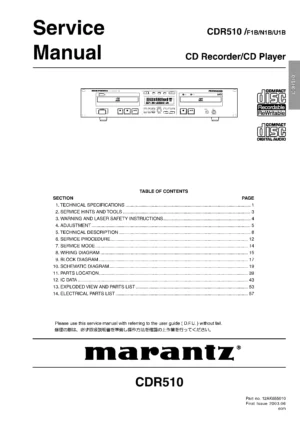 Marantz cdr510 service manual cover with a photograph of this device, model type and code, manual contents and modification notice.