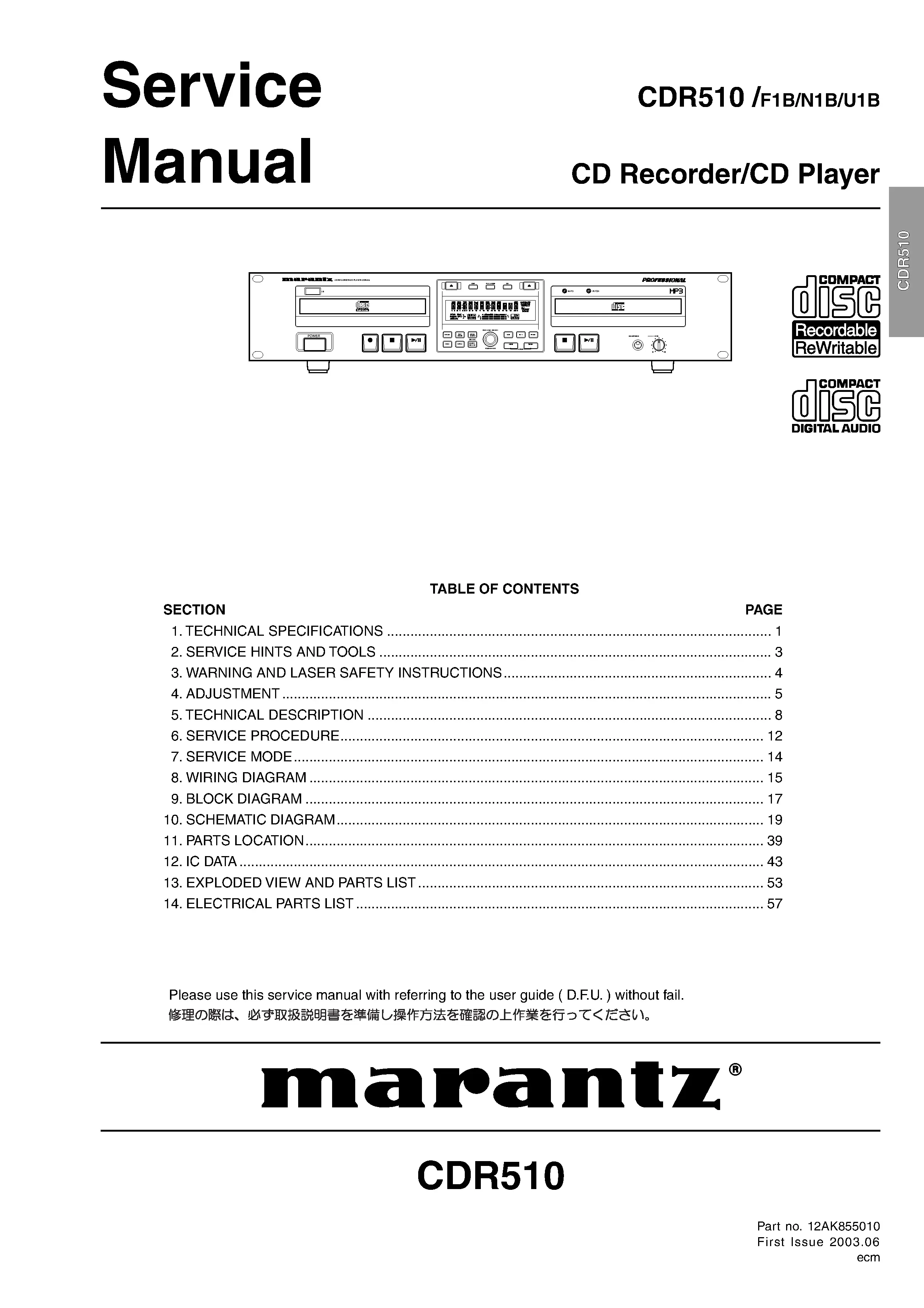 Marantz cdr510 service manual cover with a photograph of this device, model type and code, manual contents and modification notice.