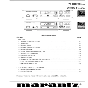 Marantz cdr630 dr700 service manual cover with a photograph of this device, model type and code, manual contents and modification notice.