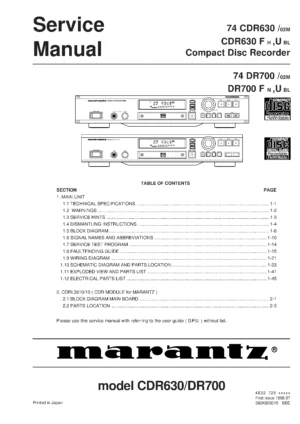 Marantz cdr630 dr700 service manual cover with a photograph of this device, model type and code, manual contents and modification notice.