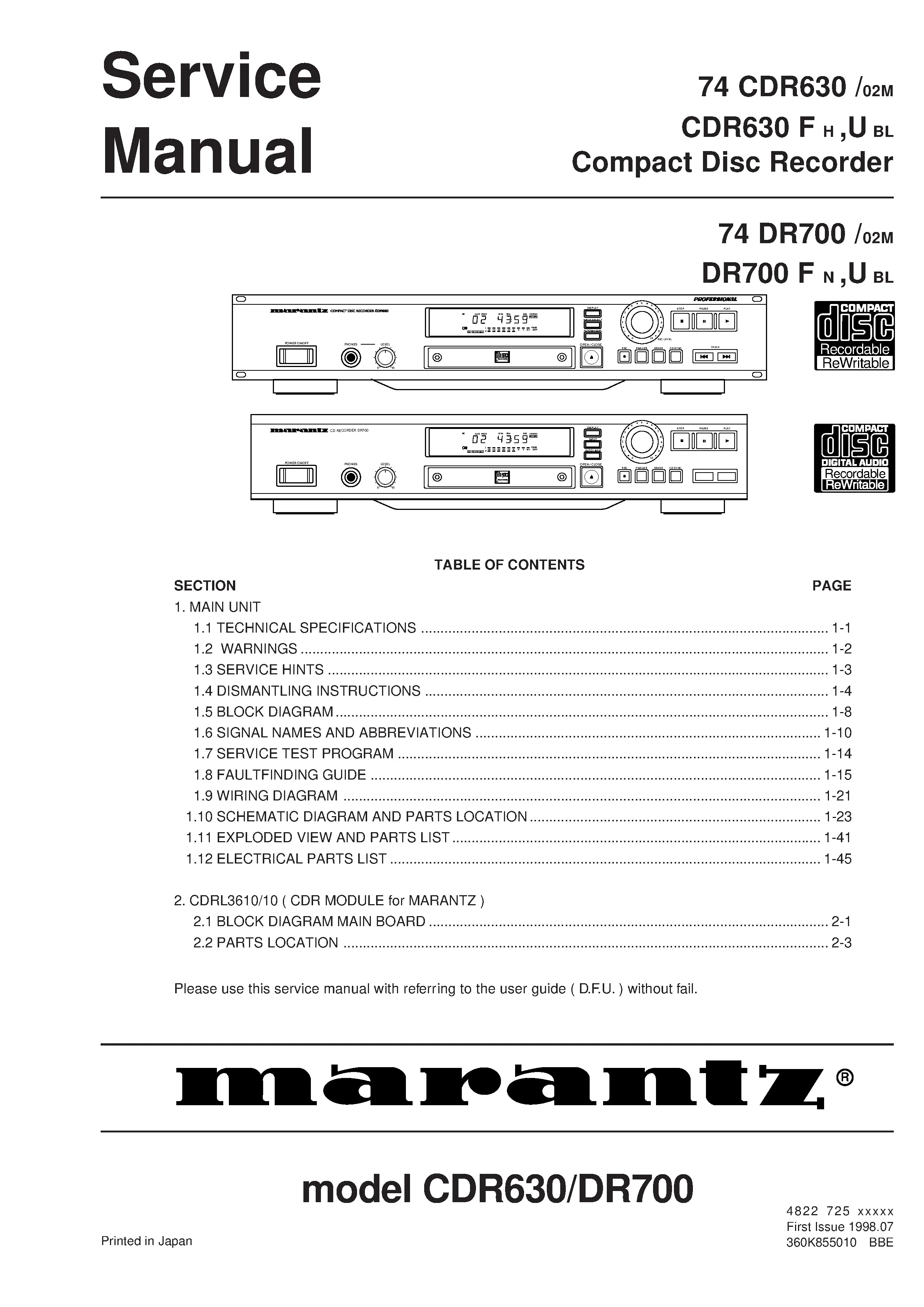 Marantz cdr630 dr700 service manual cover with a photograph of this device, model type and code, manual contents and modification notice.