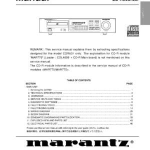 Marantz cdr631 service manual cover with a photograph of this device, model type and code, manual contents and modification notice.