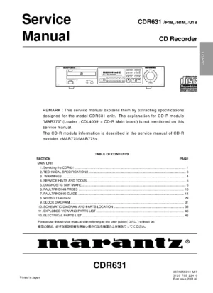 Marantz cdr631 service manual cover with a photograph of this device, model type and code, manual contents and modification notice.