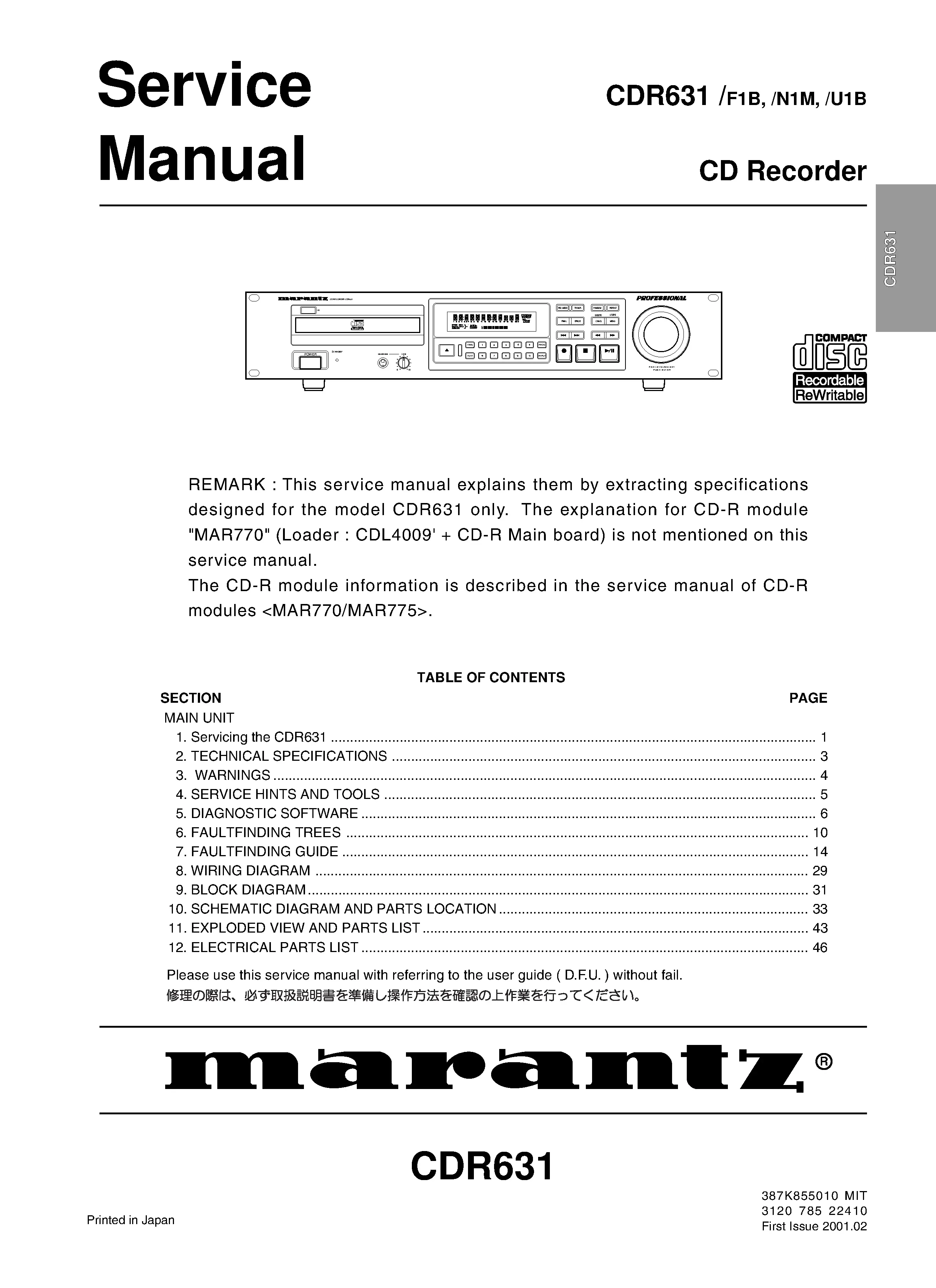 Marantz cdr631 service manual cover with a photograph of this device, model type and code, manual contents and modification notice.