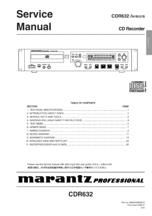 Marantz cdr632 service manual cover with a photograph of this device, model type and code, manual contents and modification notice.