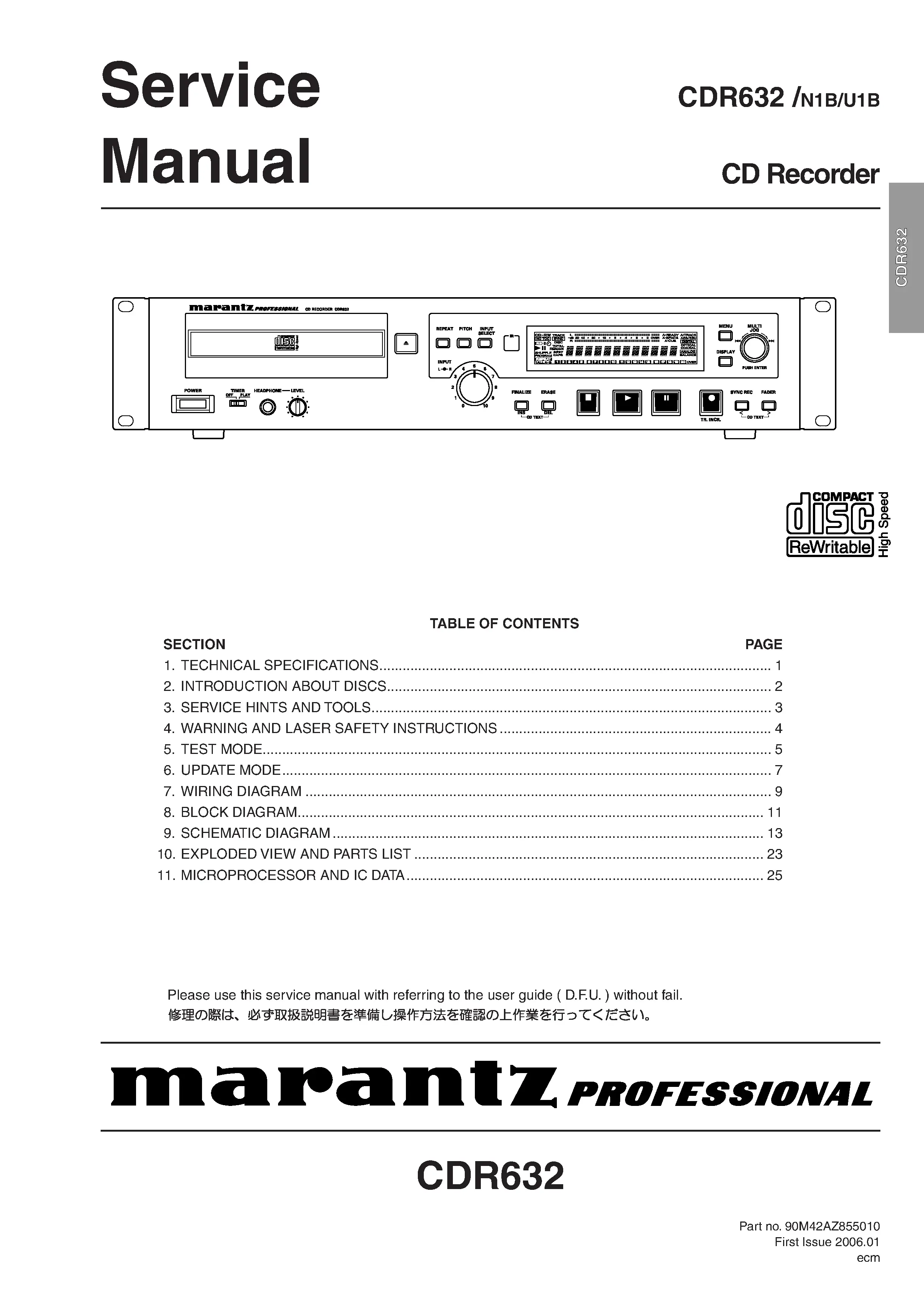 Marantz cdr632 service manual cover with a photograph of this device, model type and code, manual contents and modification notice.