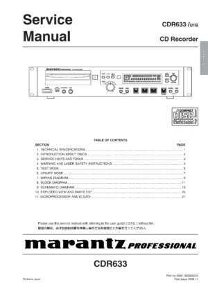 Marantz cdr633 service manual cover with a photograph of this device, model type and code, manual contents and modification notice.
