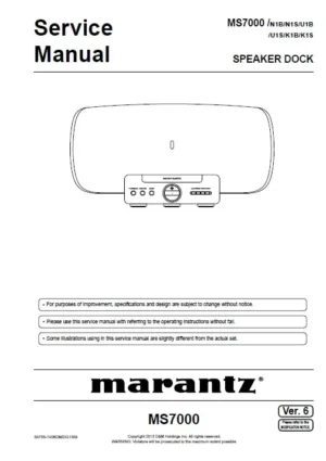 Marantz consolette ms7000 service manual cover with a photograph of this device, model type and code, manual contents and modification notice.