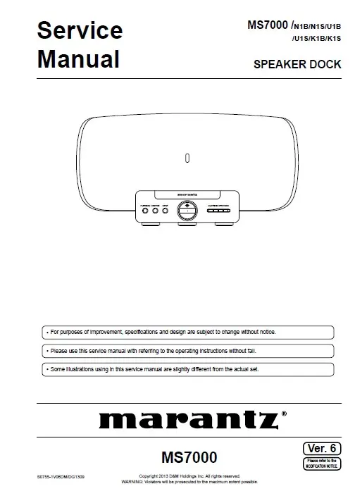 Marantz consolette ms7000 service manual cover with a photograph of this device, model type and code, manual contents and modification notice.