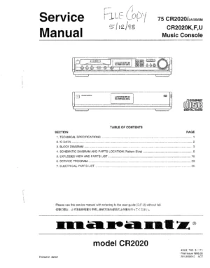 Marantz cr2020u service manual cover with a photograph of this device, model type and code, manual contents and modification notice.