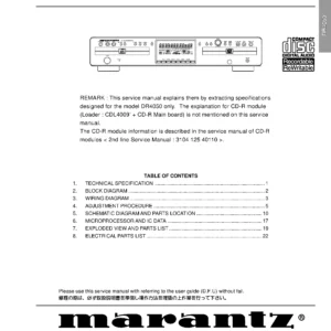 Marantz dr4050 service manual cover with a photograph of this device, model type and code, manual contents and modification notice.