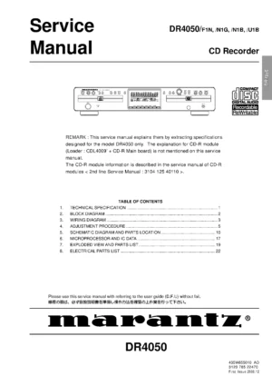 Marantz dr4050 service manual cover with a photograph of this device, model type and code, manual contents and modification notice.