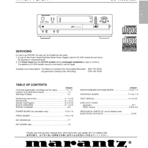 Marantz dr4160 service manual cover with a photograph of this device, model type and code, manual contents and modification notice.