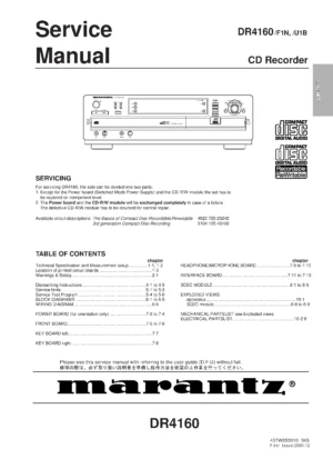 Marantz dr4160 service manual cover with a photograph of this device, model type and code, manual contents and modification notice.