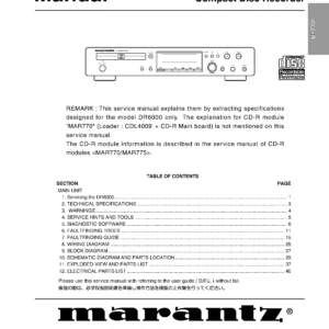 Marantz dr6000 service manual cover with a photograph of this device, model type and code, manual contents and modification notice.