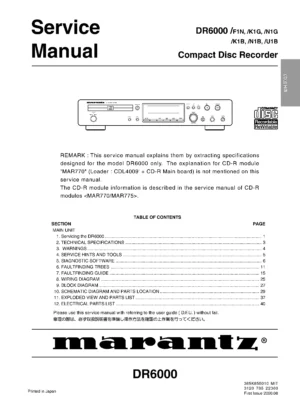 Marantz dr6000 service manual cover with a photograph of this device, model type and code, manual contents and modification notice.