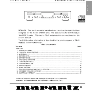 Marantz dr6050 service manual cover with a photograph of this device, model type and code, manual contents and modification notice.