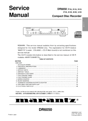 Marantz dr6050 service manual cover with a photograph of this device, model type and code, manual contents and modification notice.