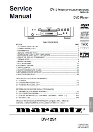 Marantz dv 12 s1 service manual cover with a photograph of this device, model type and code, manual contents and modification notice.