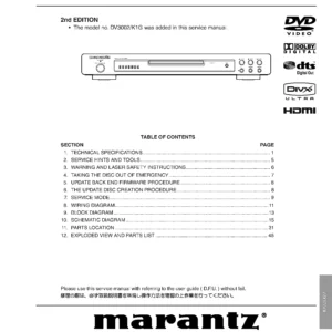 Marantz dv3002 service manual cover with a photograph of this device, model type and code, manual contents and modification notice.