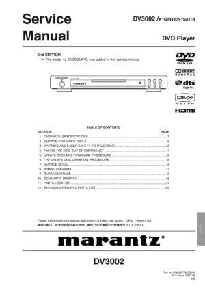 Marantz dv3002 service manual cover with a photograph of this device, model type and code, manual contents and modification notice.