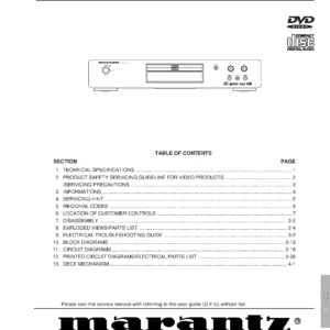 Marantz dv3100 service manual cover with a photograph of this device, model type and code, manual contents and modification notice.