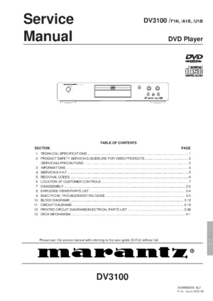 Marantz dv3100 service manual cover with a photograph of this device, model type and code, manual contents and modification notice.