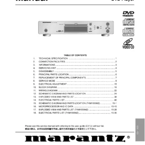 Marantz dv4000 service manual cover with a photograph of this device, model type and code, manual contents and modification notice.