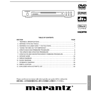 Marantz dv4001 service manual cover with a photograph of this device, model type and code, manual contents and modification notice.