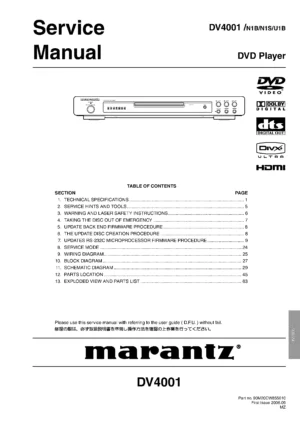 Marantz dv4001 service manual cover with a photograph of this device, model type and code, manual contents and modification notice.
