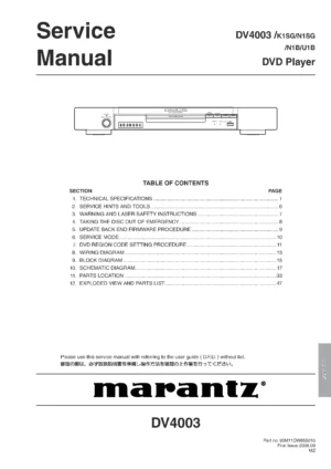 Marantz dv4003 service manual cover with a photograph of this device, model type and code, manual contents and modification notice.