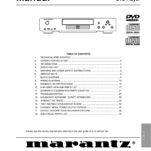 Marantz dv4100 service manual cover with a photograph of this device, model type and code, manual contents and modification notice.