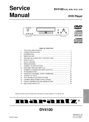 Marantz dv4100 service manual cover with a photograph of this device, model type and code, manual contents and modification notice.