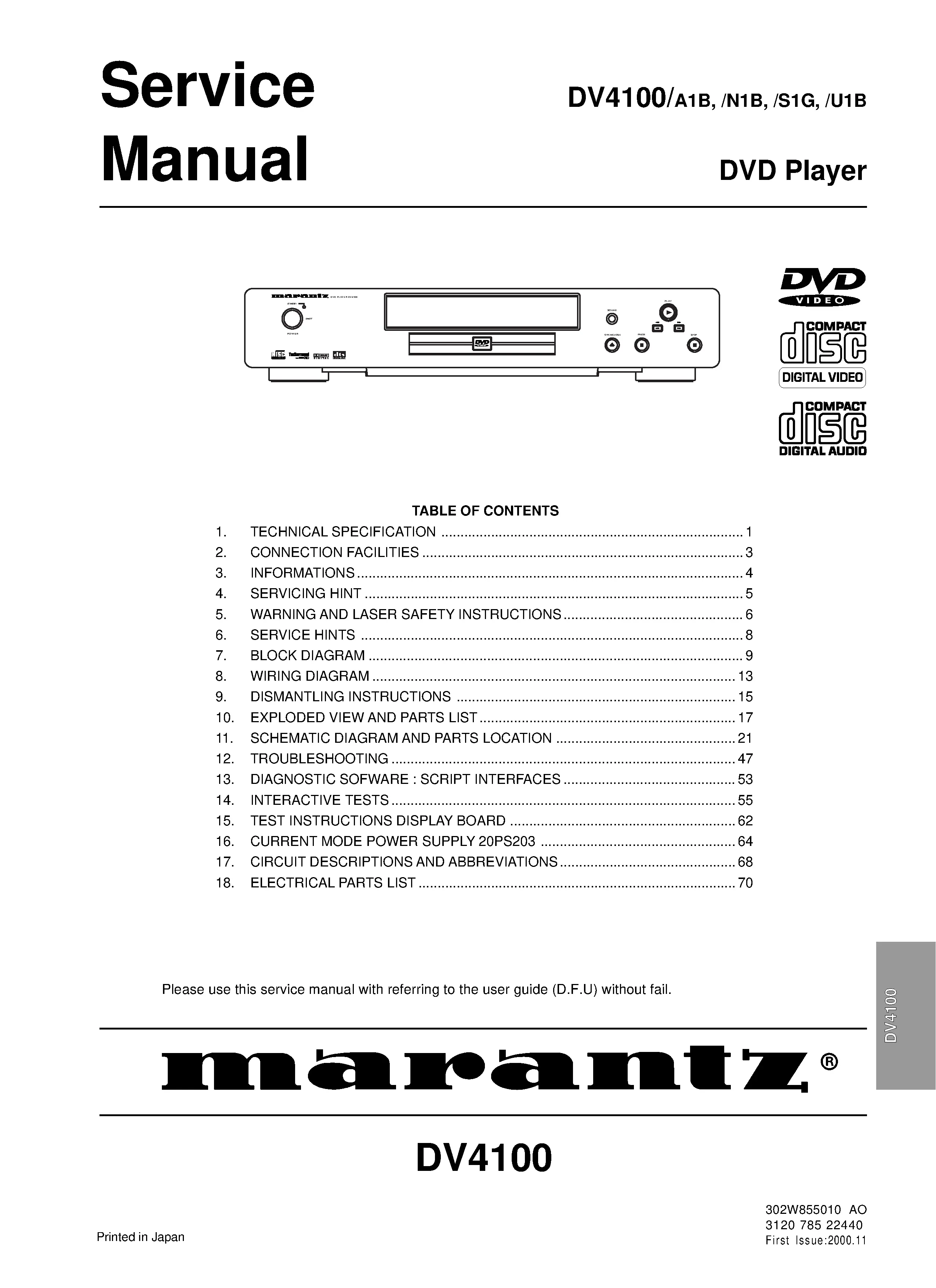 Marantz dv4100 service manual cover with a photograph of this device, model type and code, manual contents and modification notice.