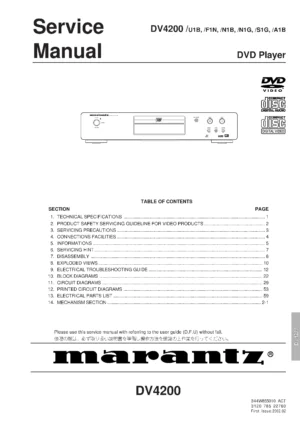 Marantz dv4200 service manual cover with a photograph of this device, model type and code, manual contents and modification notice.