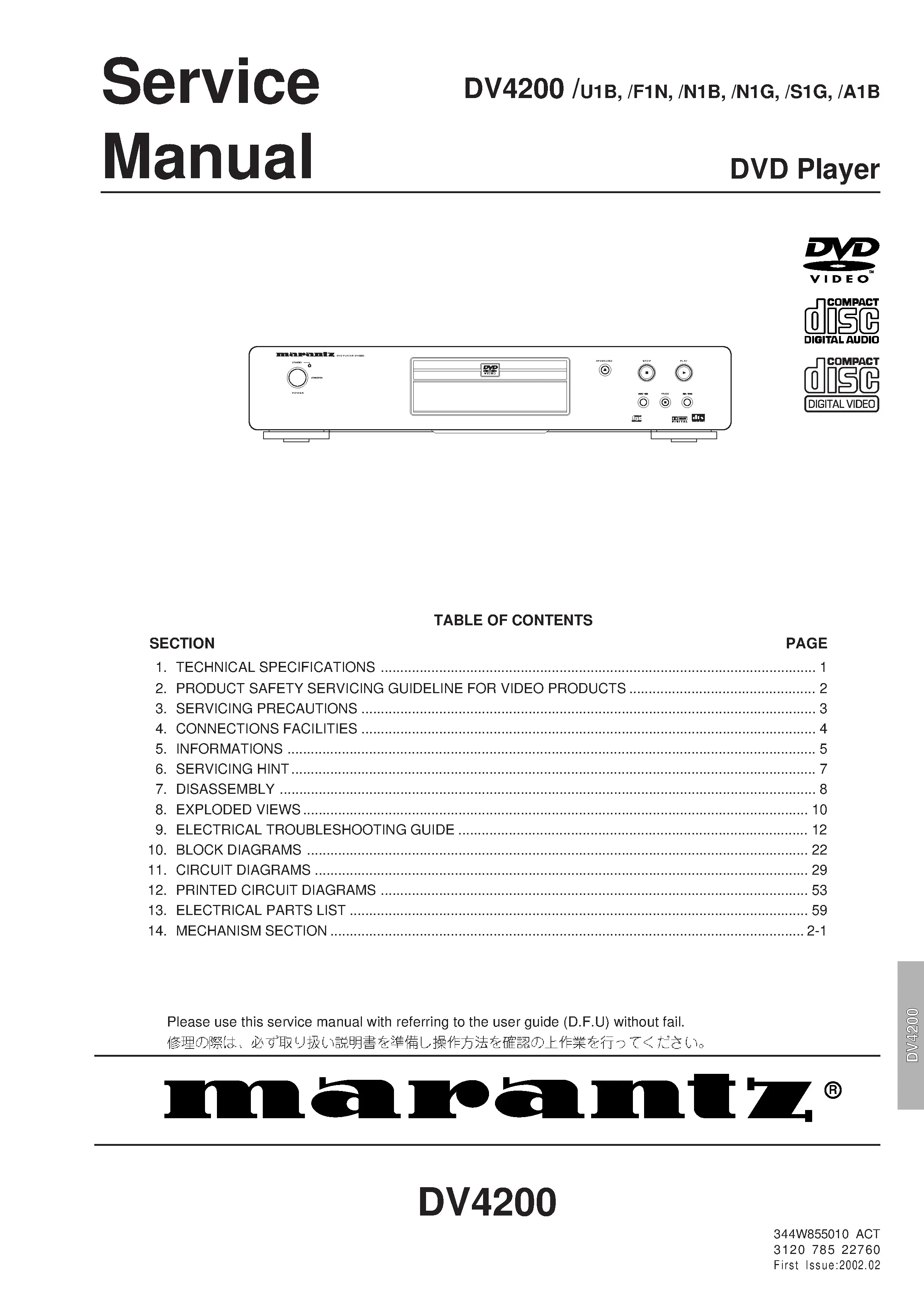 Marantz dv4200 service manual cover with a photograph of this device, model type and code, manual contents and modification notice.