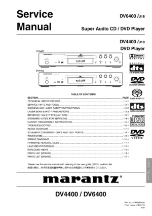 Marantz dv4400 dv6400 service manual cover with a photograph of this device, model type and code, manual contents and modification notice.