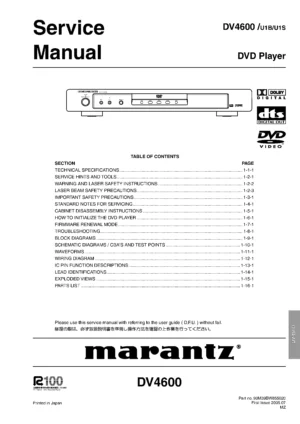 Marantz dv4600 service manual cover with a photograph of this device, model type and code, manual contents and modification notice.