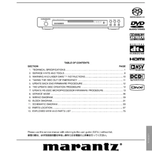 Marantz dv6001 service manual cover with a photograph of this device, model type and code, manual contents and modification notice.